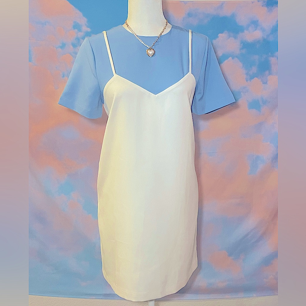 Cute And Simple White/Blue Aline Slip Dress Over Top (Attached)